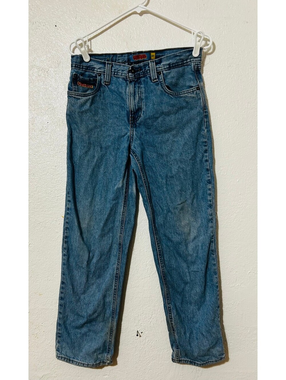 Empyre Baggy Skate Jeans Medium Wash Embroidered Logo Distressed Y2K Size 27